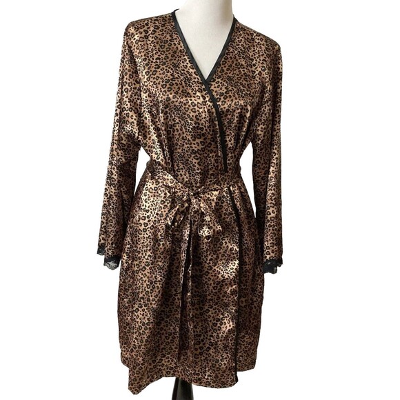 Morgan Taylor Intimates Satin Robe Animal Print Attached Belt Pocket - Picture 1 of 16